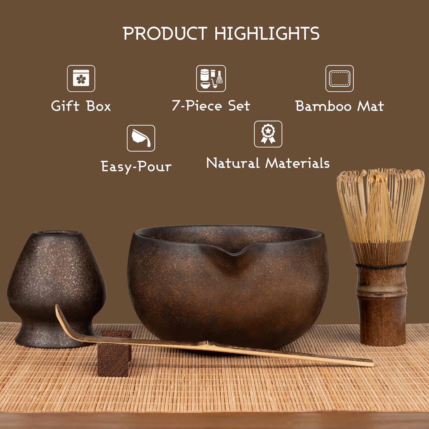 Matcha Whisk Set - 7-Piece Complete Kit with Handmade Bowl, 100-Prong Bamboo Whisk & Accessories