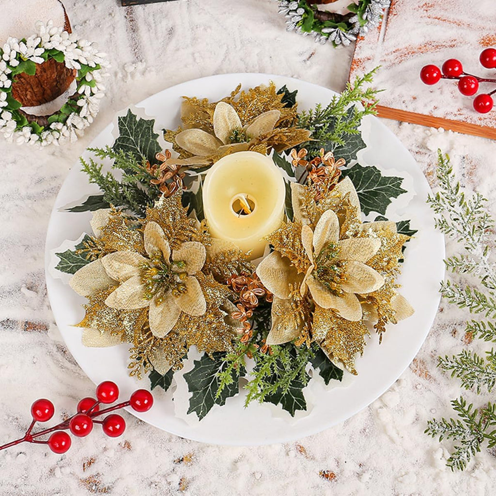 Regine Switzerland Christmas Candle Rings - Artificial Gold Floral Wreath with Holly Leaves | Holiday Table Decor