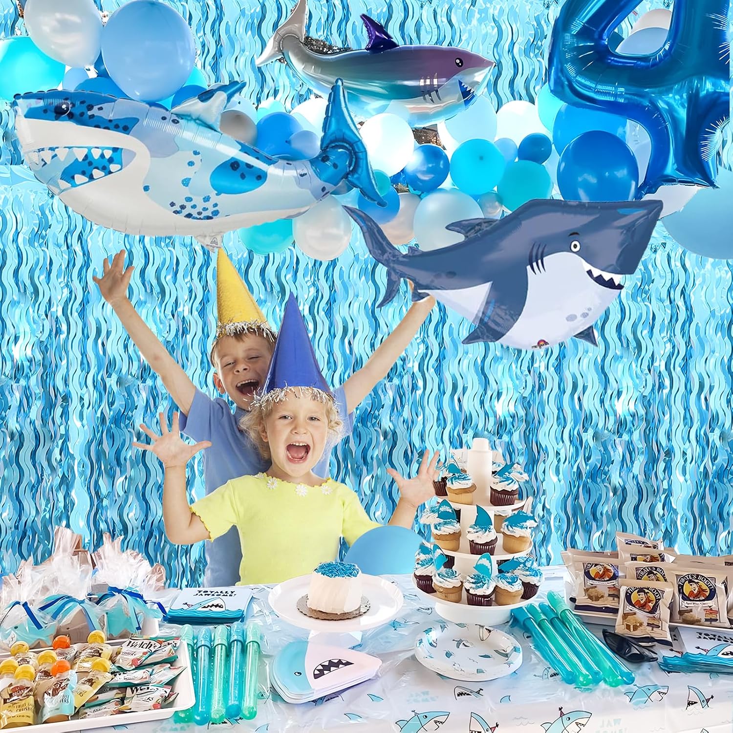 Skiennix Wavy Tinsel Foil Fringe Curtains - Teal Blue Streamers Backdrop for Ocean Themed Parties | 2 Pack, 3.2 ft x 6.6 ft