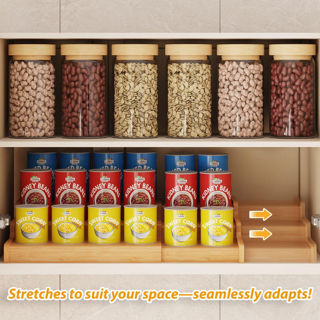 Expandable Bamboo Can Rack Organizer for Pantry, 3-Tier Adjustable Can Storage Holder, Soda Organizer Holds Up to 24 Cans, Canned goods Storage Display for Pantry, Cabinet, Countertop (patent pending)