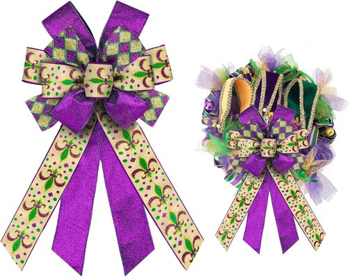 ALIBBON Large Mardi Gras Bows - Flaxen Fleur de Lis & Glitter Purple for Wreaths | Festive Carnival Decor