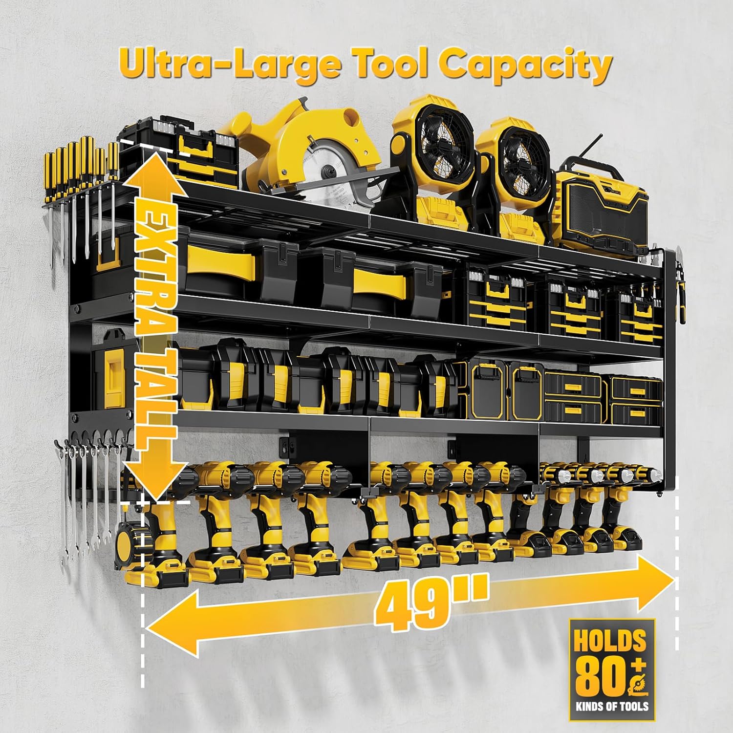POKIPO 49" W Heavy-Duty Power Tool Organizer - Wall Mount Storage Rack for 12 Cordless Drills | 800 lbs Capacity