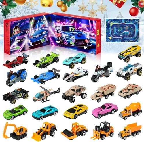Advent Calendar 2025 - Kids Toy Cars Set with 24 Alloy Vehicles & Play Mat | Perfect Christmas Gift