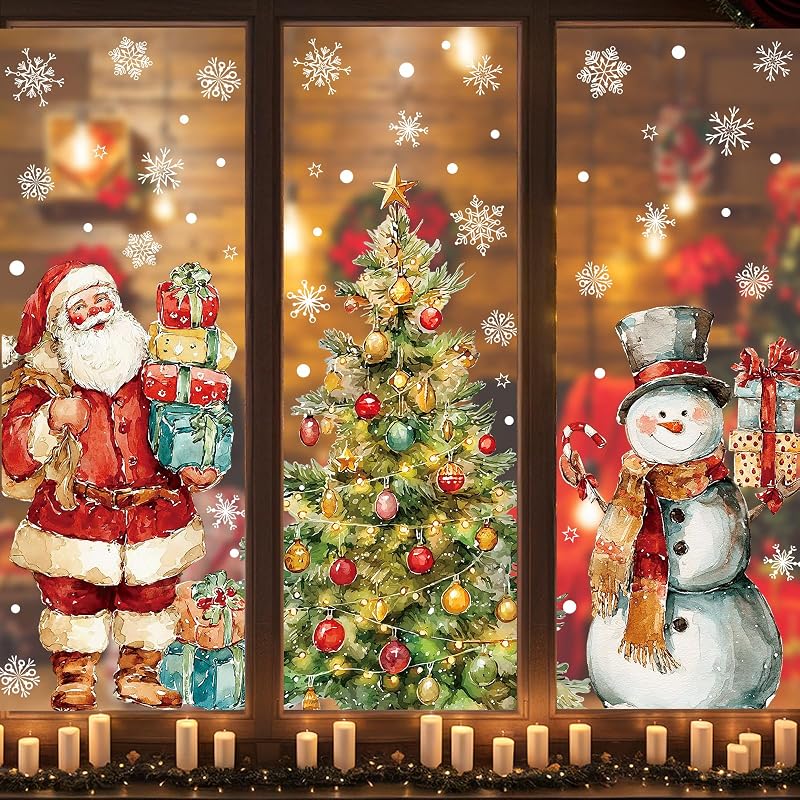Santa & Snowman Watercolor Window Clings – 3 Sheets Large 15.7 x 31.5 in, Reusable Xmas Window Decals (Variation: Santa and Snowman)