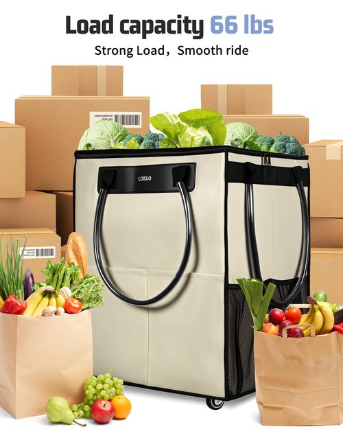 LOEUO Large Reusable Grocery Bag on Wheels, Foldable Rolling Tote Bag with Detachable Roller