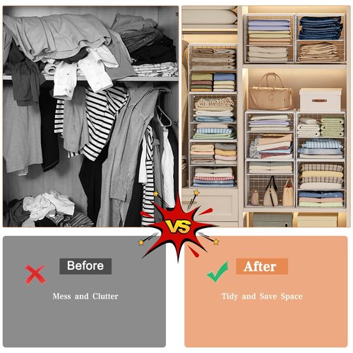 Huxitocan 4-Tier Stackable Closet Organizers and Storage Shelves, Closet Storage Basket with Wood Tops, Adjustable Height Dividers Closet Storage Bins for Home Closet Organizer System, White