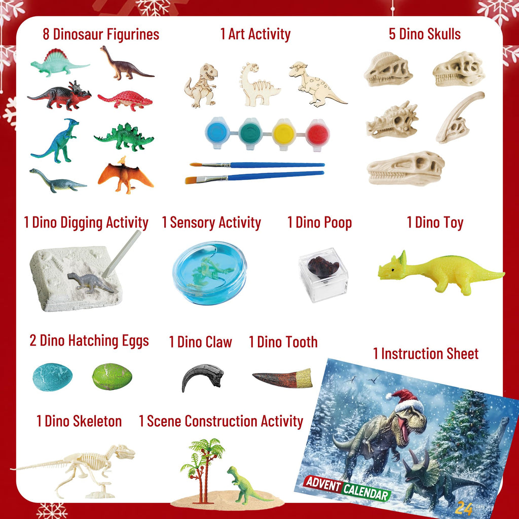 Dinosaur World Advent Calendar for Kids - 24 Days Prehistoric Surprise Christmas Countdown with Dino Figurines, Fossil Dig, Painting, Ideal Xmas Gift for Boys Girls