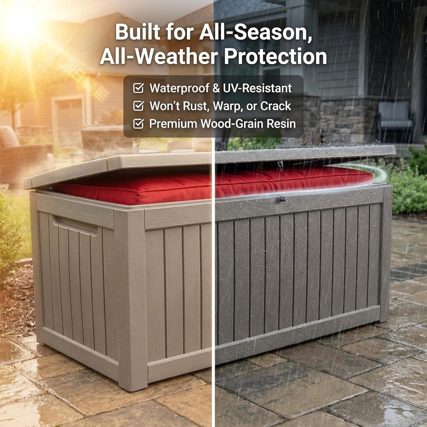 180 Gallon Resin Deck Box - Lockable Waterproof Storage for Patio Furniture & Garden Tools | All-Weather Wood Grain Design