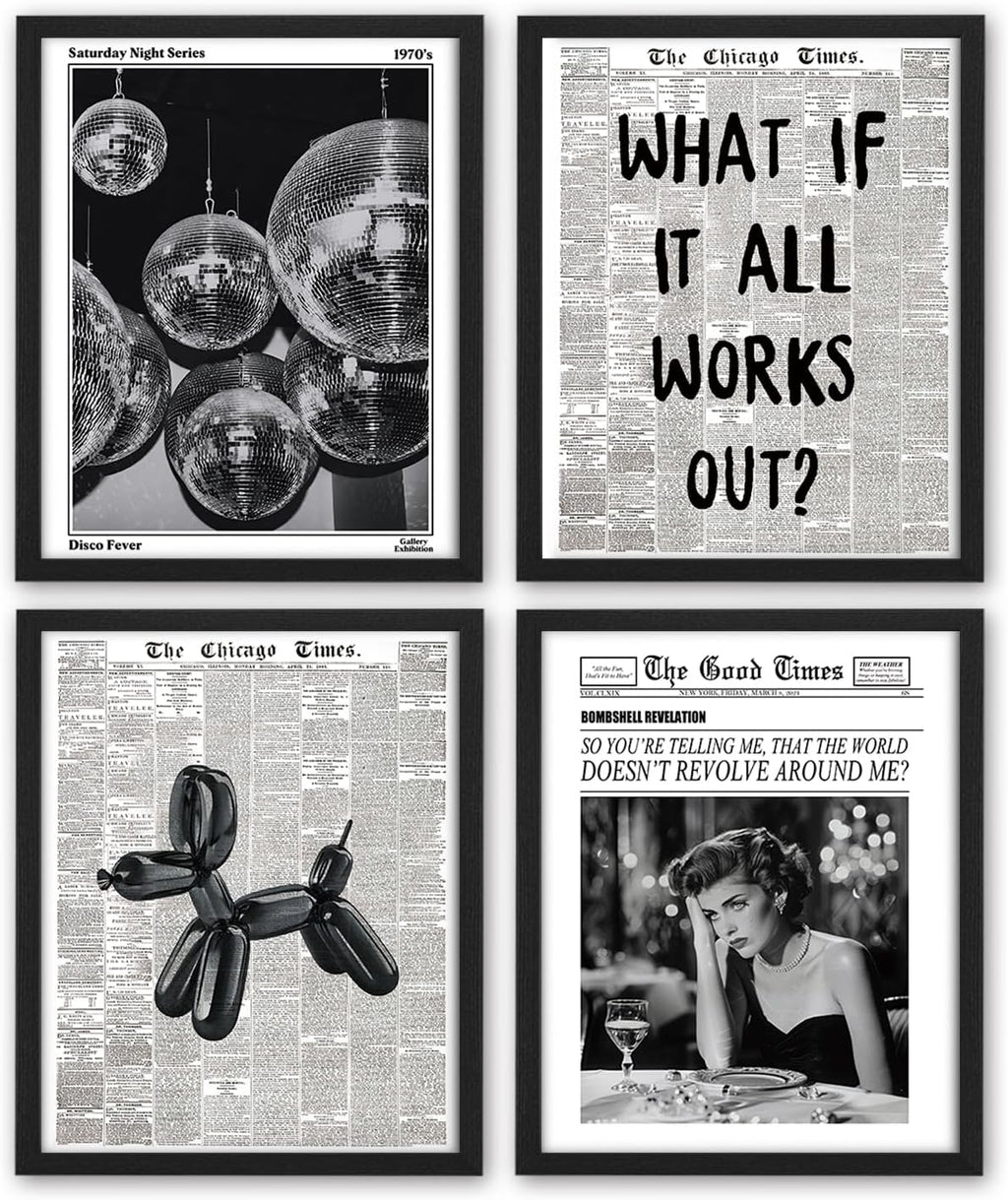 NaZaUK Funky Retro Y2K Wall Art - Black & White Newspaper Posters Set of 4 | Trendy Bedroom Decor 8x10 Unframed