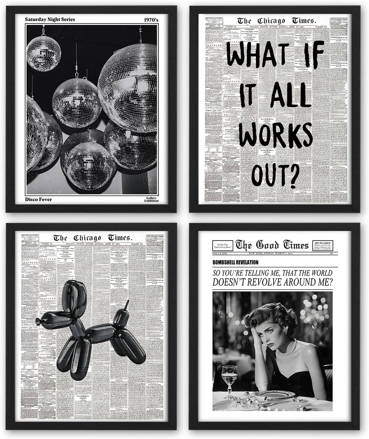 NaZaUK Funky Retro Y2K Wall Art - Black & White Newspaper Posters Set of 4 | Trendy Bedroom Decor 8x10 Unframed