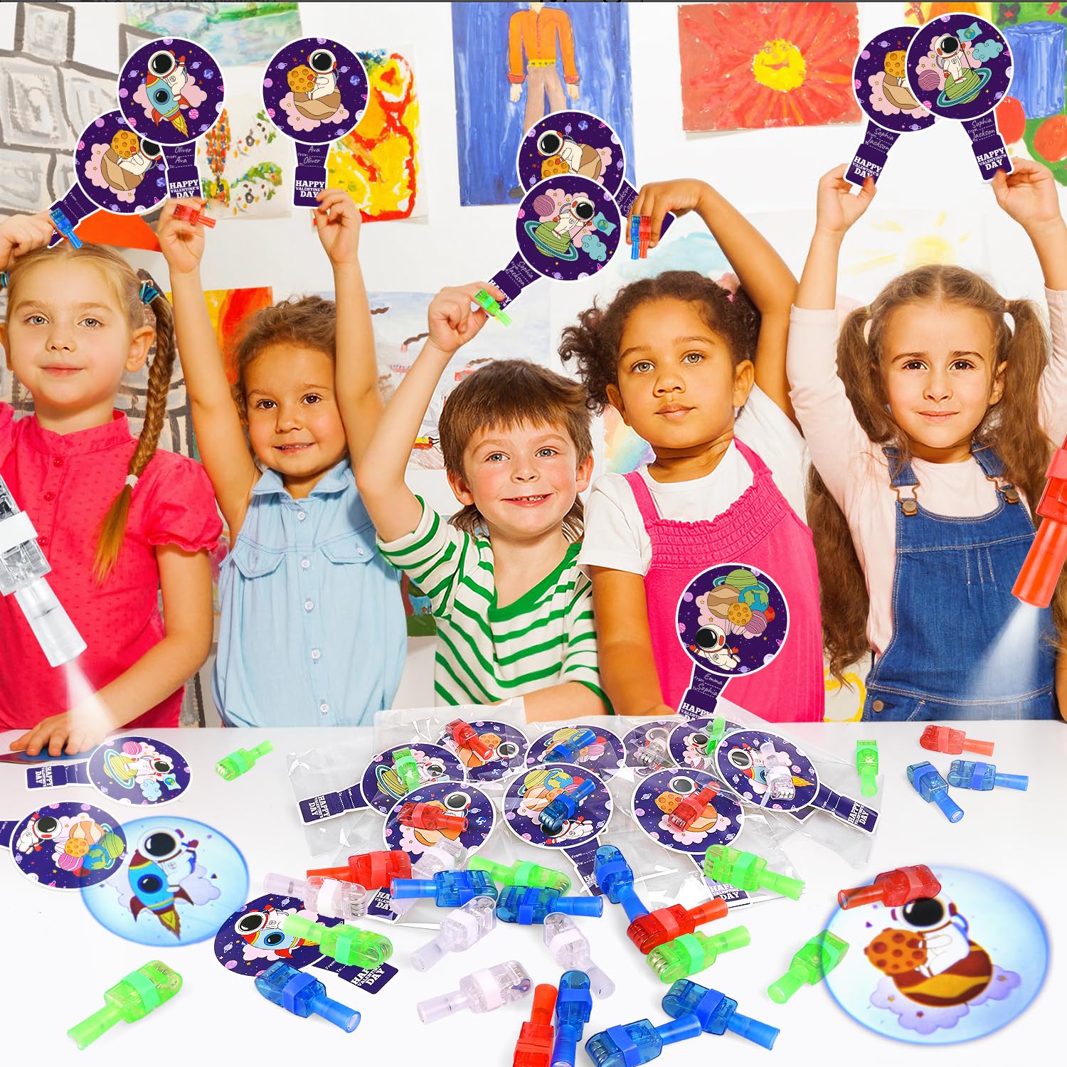 MOVINPE Valentines Day Exchange Gifts for Kids Classroom, 28 Packs Finger Lights with Valentines Cards - Light Up Finger Flashlights Valentine Day Gifts School Party Favors Class Prizes Bulk Space