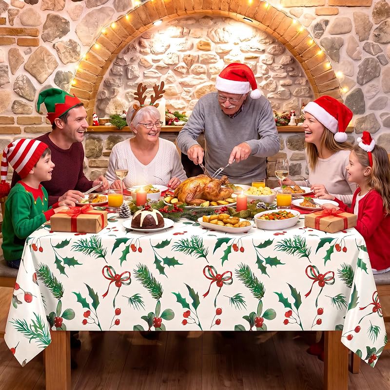 Green Christmas 3 Pack Disposable Tablecloths 54 x 108 in - Holly Berry Pattern