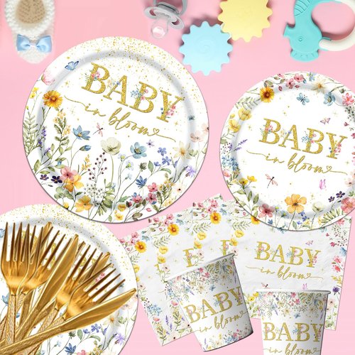 178Pcs Baby in Bloom Baby Shower Decorations-Wildflower Paper Plates and Napkins Kit Girls Floral Baby Shower Dinnerware Serves 24