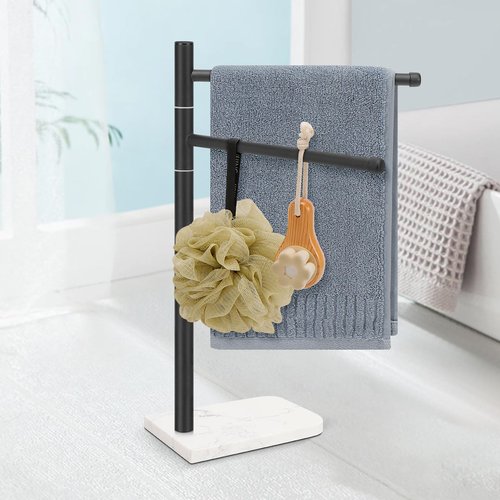 Winmien Standing Hand Towel Holder, Hand Towel Stand with Marble Base, 304 Stainless Steel Towel Rack with 2 Swivel Arm, Countertop Stand Towel Ring Towel Bar for Bathroom (Matte Black)