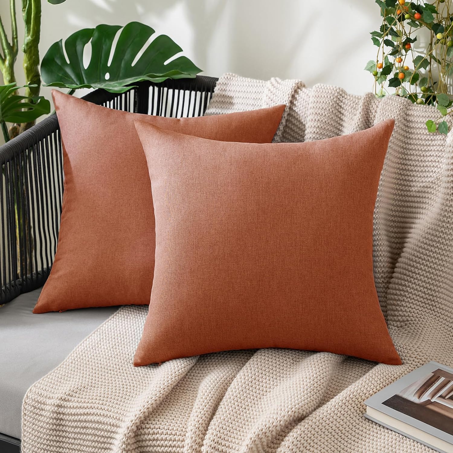 MIULEE Decorative Outdoor Throw Pillow Covers - Waterproof Faux Linen Cushion Cases | 20x20 Inch Rust (Pack of 2)