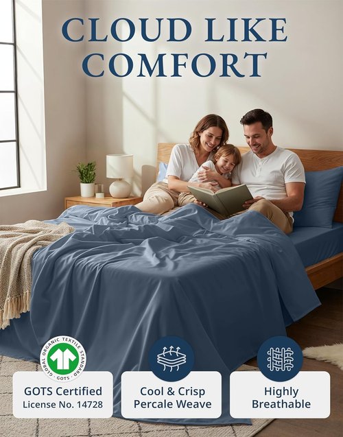 LANE LINEN 100% Organic Cotton Twin Bed Sheet Set - Luxury Hotel Style, Deep Pocket, Eco-Friendly - Estate Blue