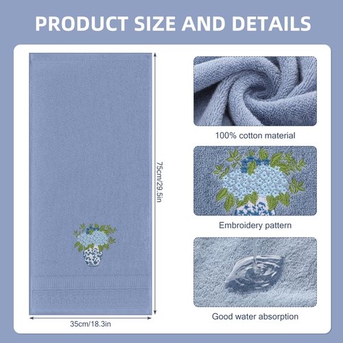 Frienda 2 Pcs Chinoiserie Vase Hydrangea Hand Towels Slate Blue Bathroom Decor 29.5x13.8 Inches Embroidered 100% Cotton Soft Absorbent Spring Summer Decorative Hand Towels for Bathroom Kitchen