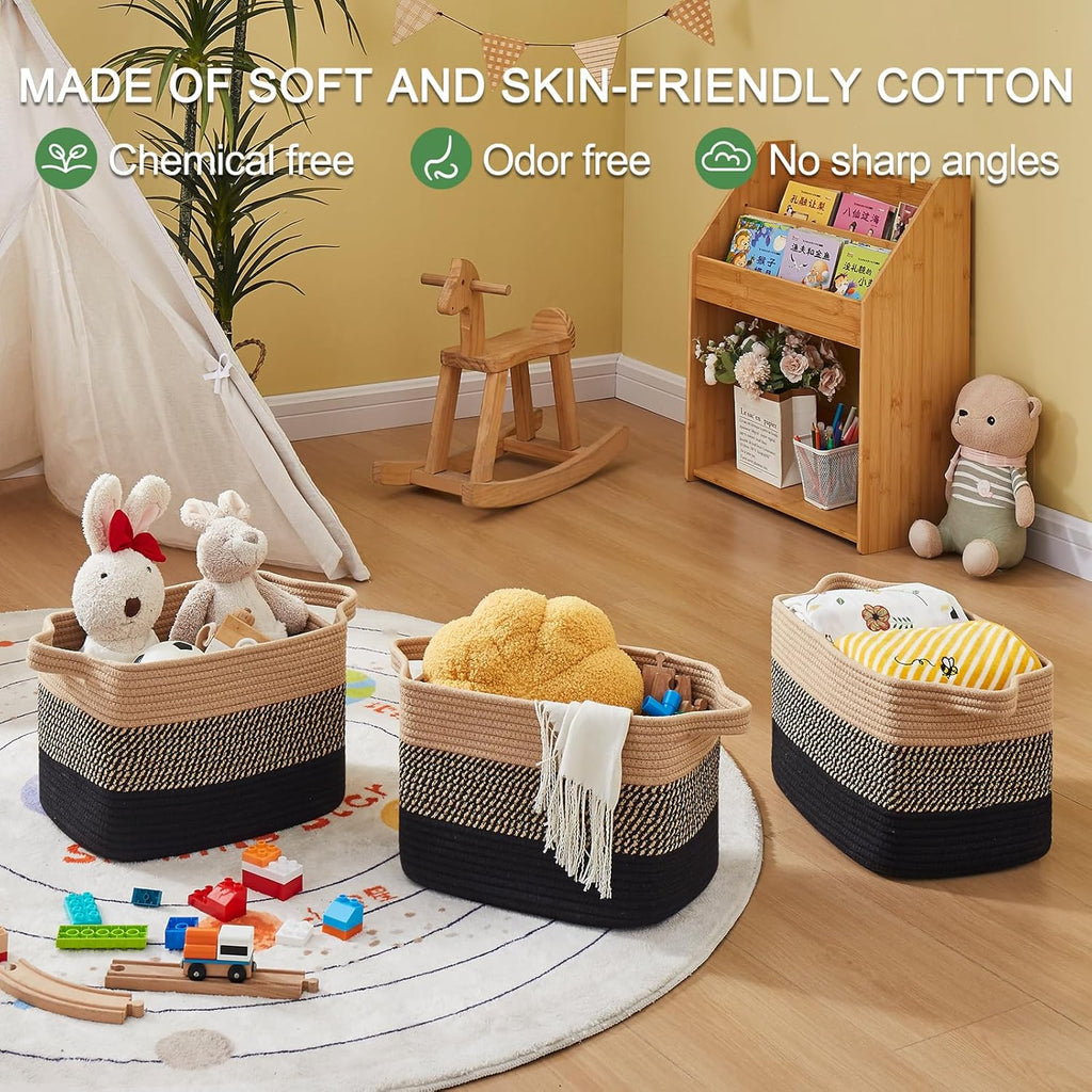 OIAHOMY Woven Storage Baskets - Cotton Rope Baskets for Toys & Towels | Pack of 3, Black & Brown
