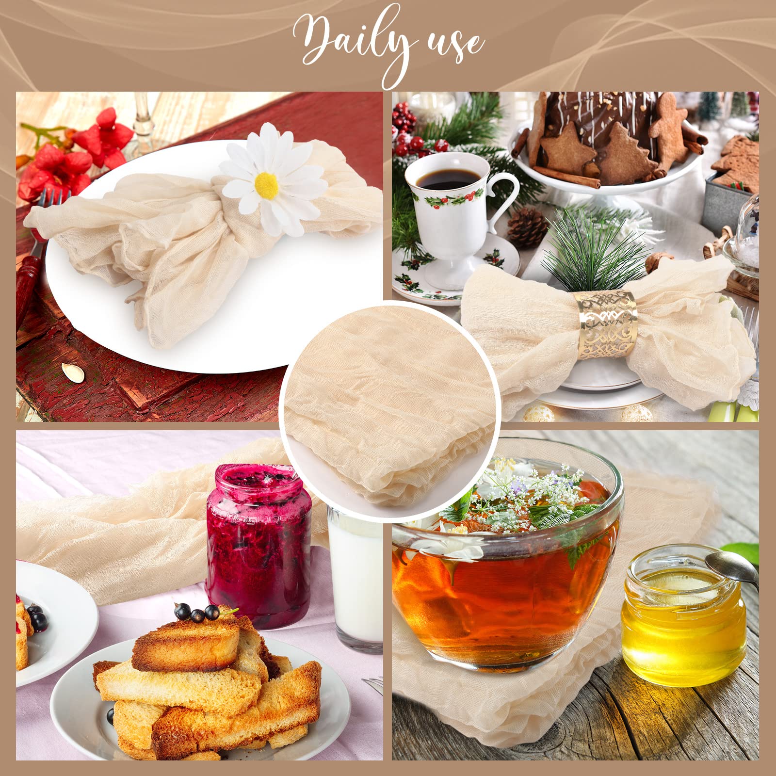 Mixweer 100 Pieces Gauze Cheesecloth Napkins 19.7 x 19.7 Inch with Wrinkled Decorative for Home Wedding Baby Shower Rustic Table Decoration(Beige)