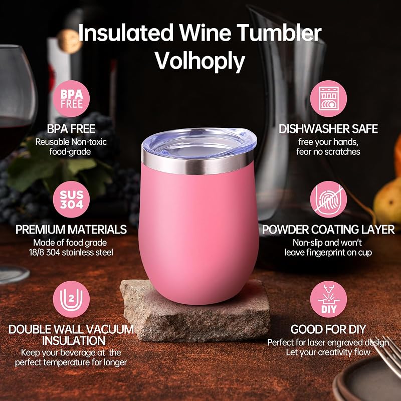 12oz Stainless Steel Wine Tumbler with Lid – 12 Pack Pink, Double Wall Insulated, Reusable Travel Mug