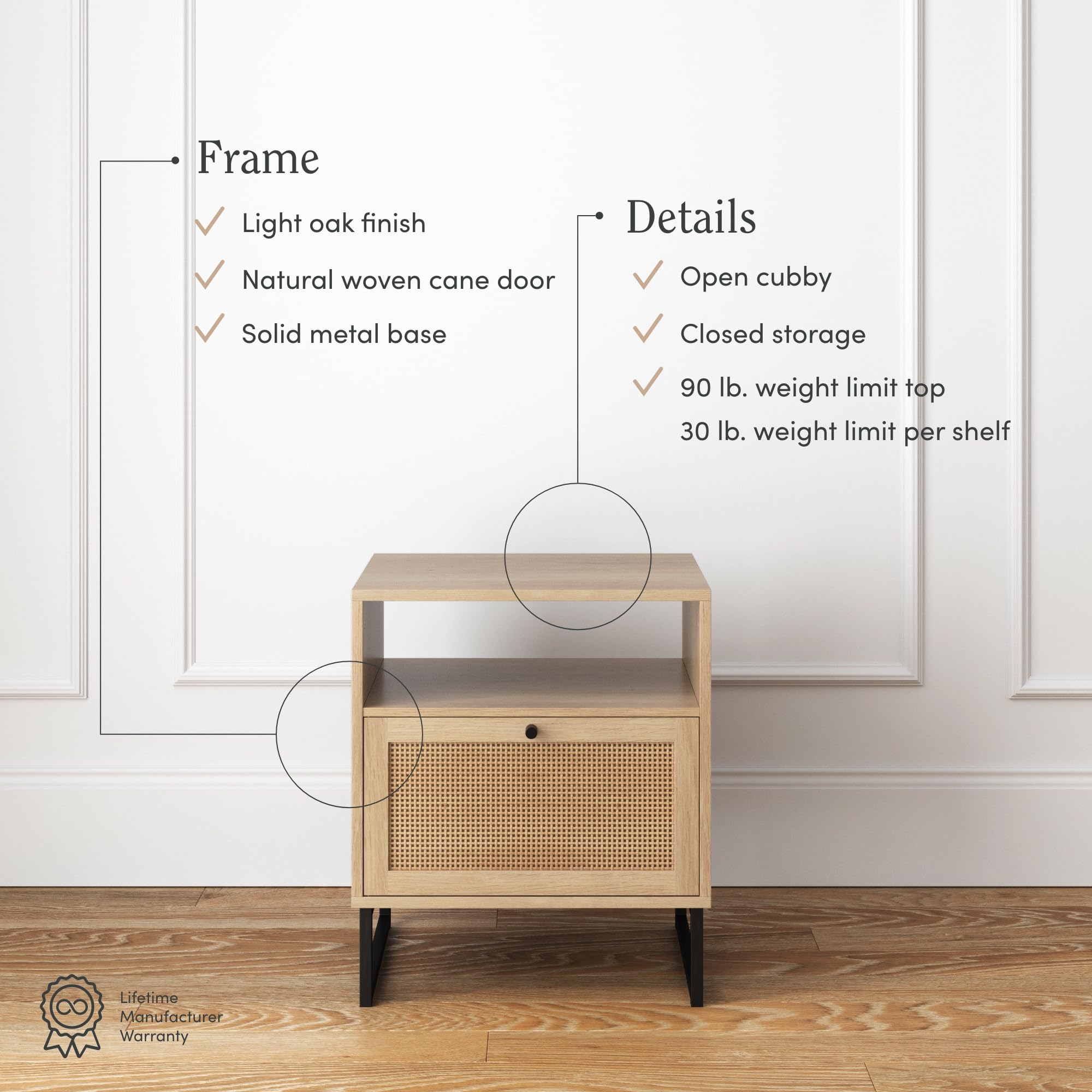 Nathan James Mina Rattan Wood End Side Accent Table Nightstand with Storage for Living Room or Bedroom, 1, Oak/Black