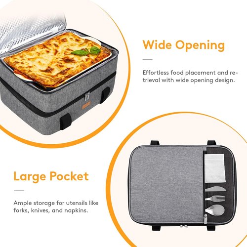 LUNCIA Insulated Double Decker Casserole Carrier - Keeps Food Hot or Cold | Fits 9" x 13" Baking Dish, Grey