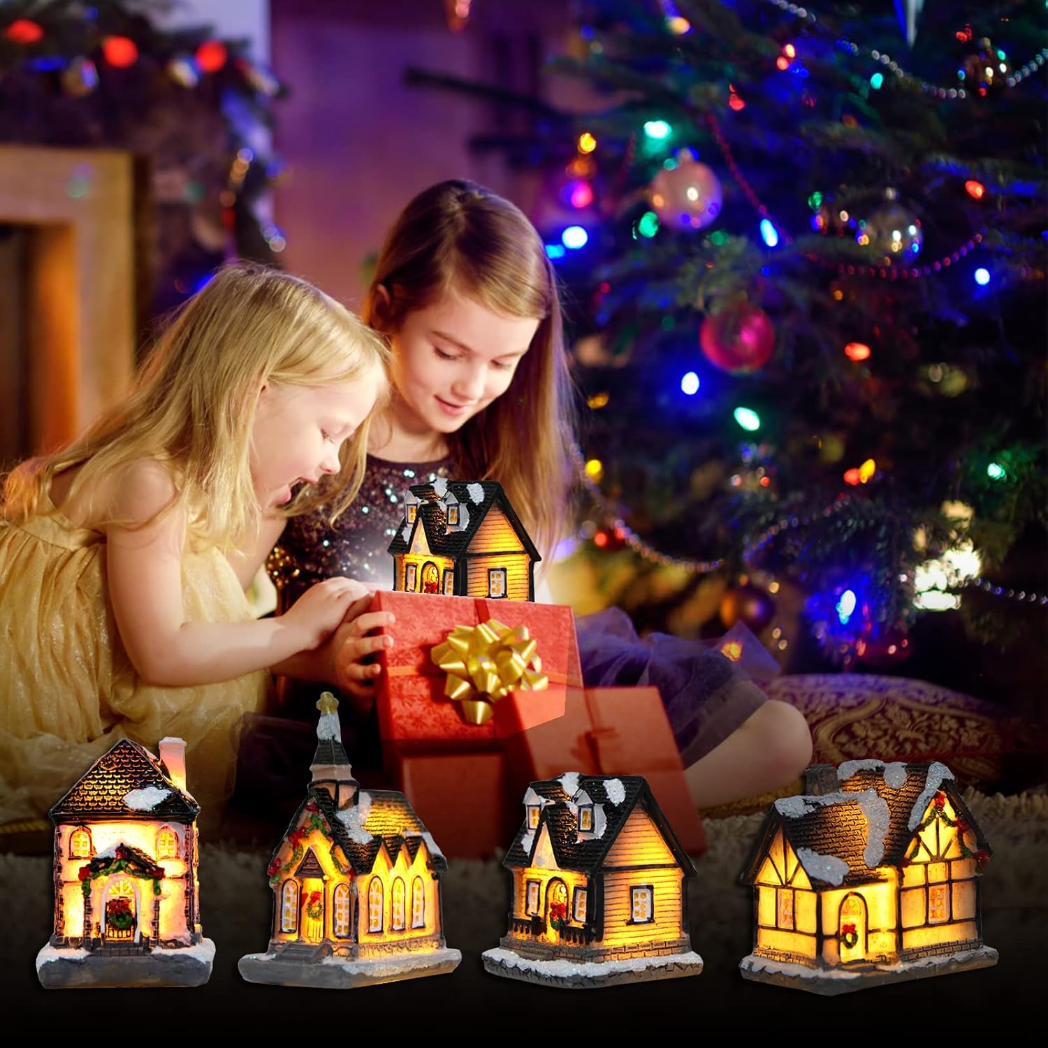 Skiennix 4 Pcs Small Christmas Village House Set - Resin Collectible Buildings with LED Lanterns for Holiday Table Decor