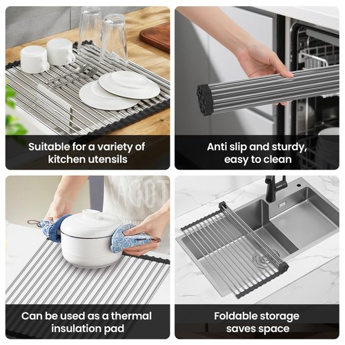 Yohslqo Dish Drying Rack with Roll Up and Over Sink for Kitchen 17"X11.8" (Black 17"x11.8")