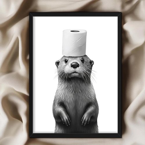 Framed Funny Bathroom Wall Art, Black and White Animal Canvas Wall Decor Painting, Cute Otter Holding Toilet Paper on Head Prints Pictures for Bathroom Restroom 8x10 Inch Black Frame
