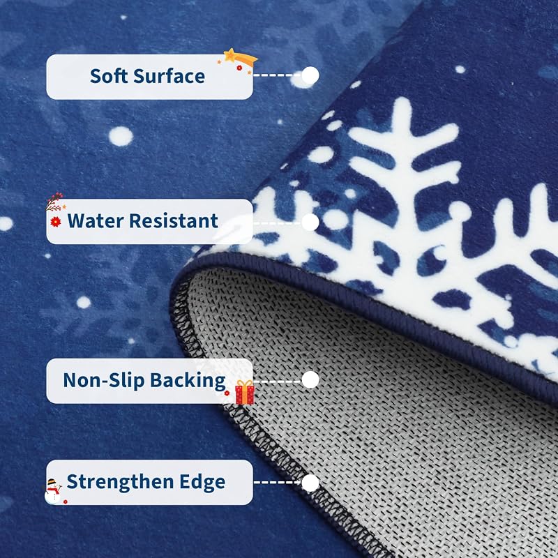 5' x 7' Xmas Snow Blue Non-Slip Area Rug - Machine Washable Holiday Living Room Carpet