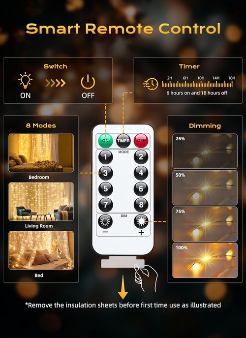 Brightown 300 LED Fairy Curtain Lights - 9.8ft x 9.8ft String Lights with Remote | USB Plug, 8 Lighting Modes, Warm White - 2 Pack