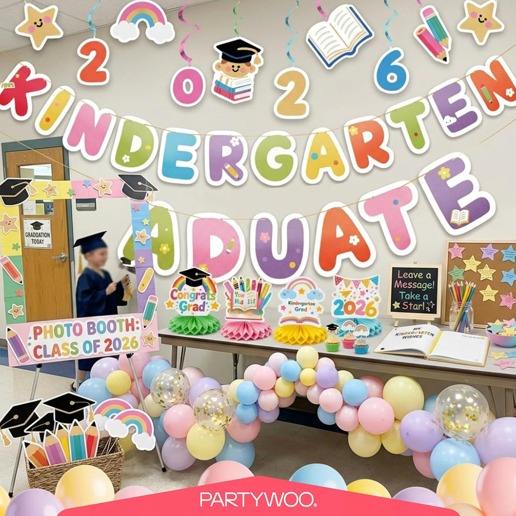 PartyWoo Graduation Decorations 2026 - Colorful Rainbow Party Supplies with Backdrop, Balloons & Centerpieces