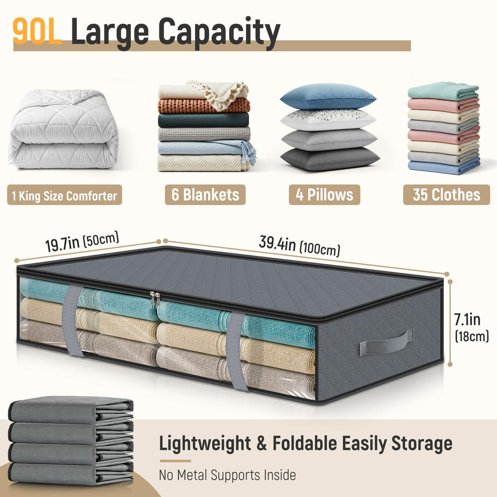 LANDNEOO 4 Pack 90L Under Bed Storage Containers - Underbed Storage for Clothes, Blankets - Closet Organizers and Storage Bags - Under the Bed Storage Bins with Handles & Clear Front