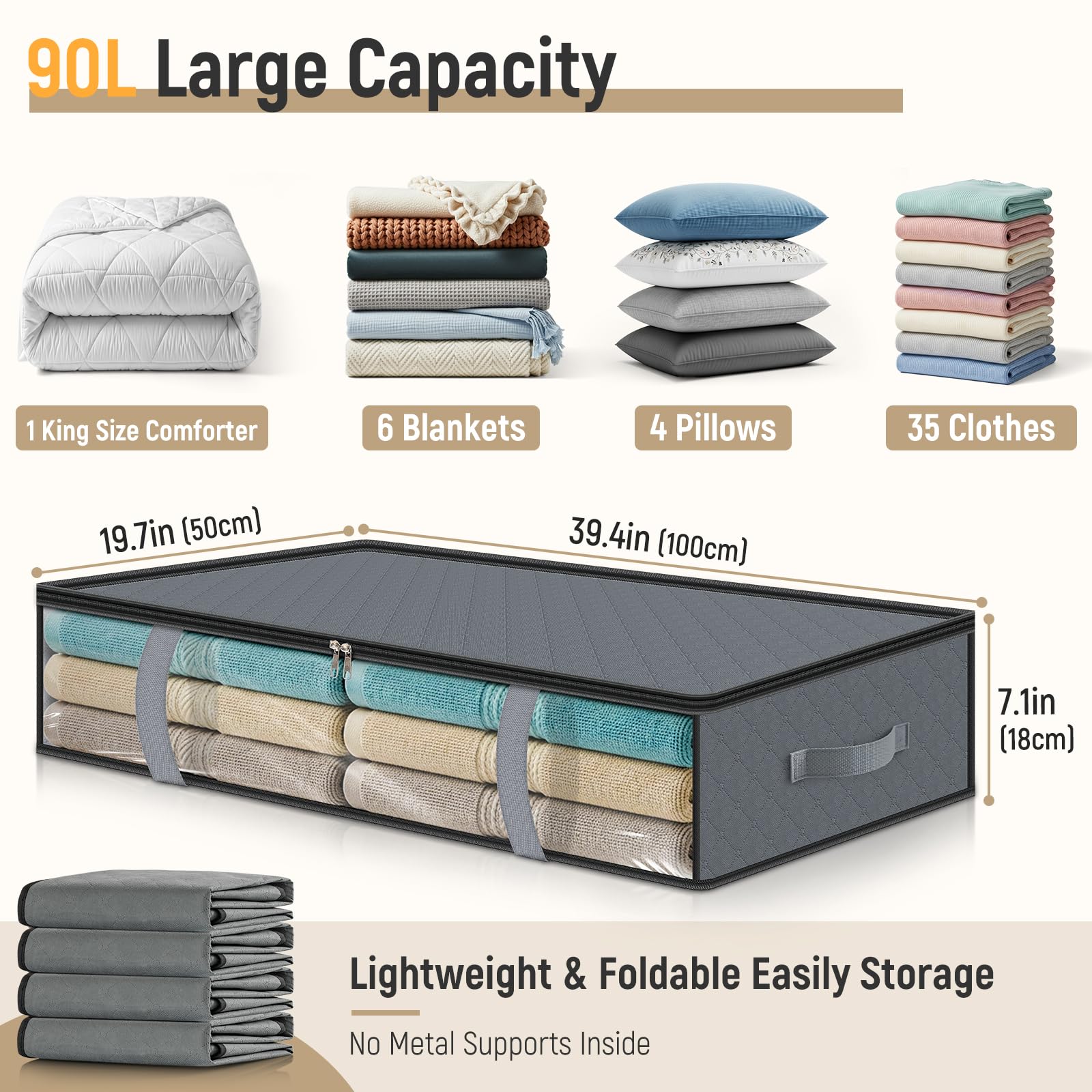 LANDNEOO 4 Pack 90L Under Bed Storage Containers - Underbed Storage for Clothes, Blankets - Closet Organizers and Storage Bags - Under the Bed Storage Bins with Handles & Clear Front