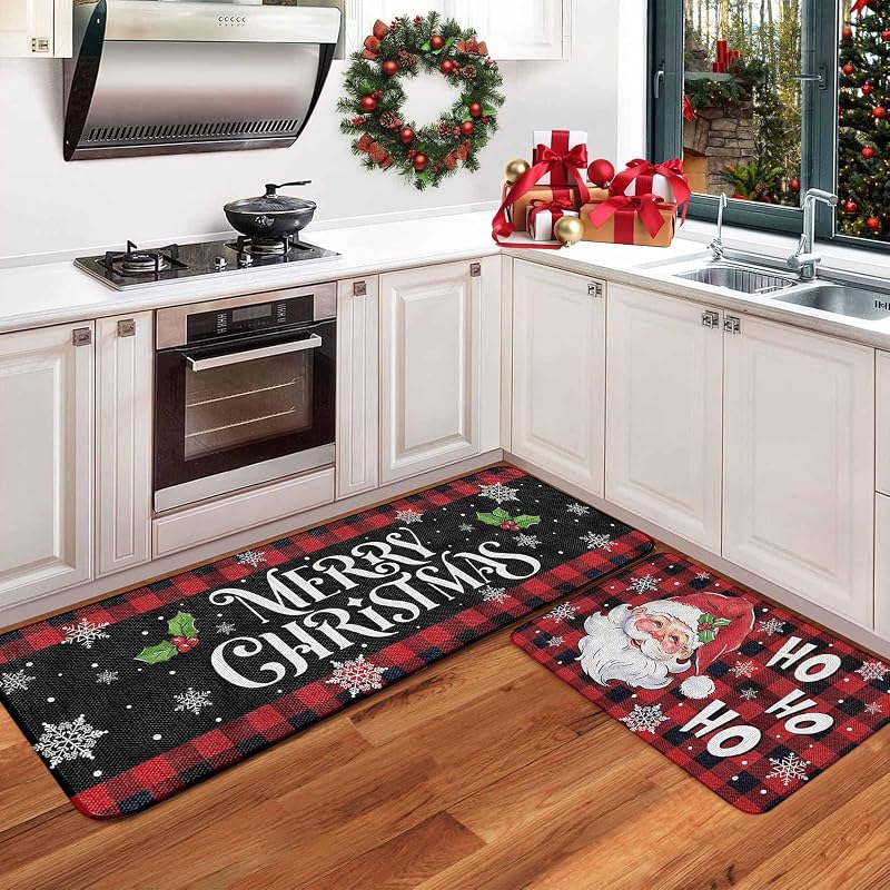 Santa Claus Christmas Kitchen Rugs Set of 2 16x24 & 16x48 Inches Plush Velvet Non-Slip