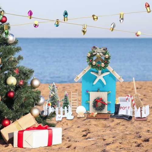 Gerrii 22 Pcs Blue Christmas Fairy Door Kit - Miniature Wooden Decor for Dollhouses & Kids' Rooms