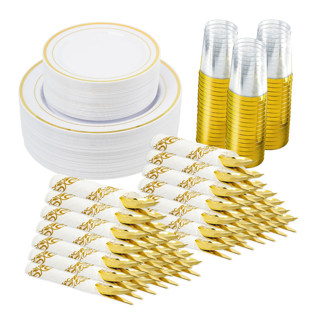 Fijinhom 350 Pieces Gold Disposable Plates for 50 Guests, Disposable Plastic Plates for Party, Wedding, Dinnerware Set of 50 Dinner Plates, 50 Salad Plates,50 Cups and 50 Paper Napkins, Gold