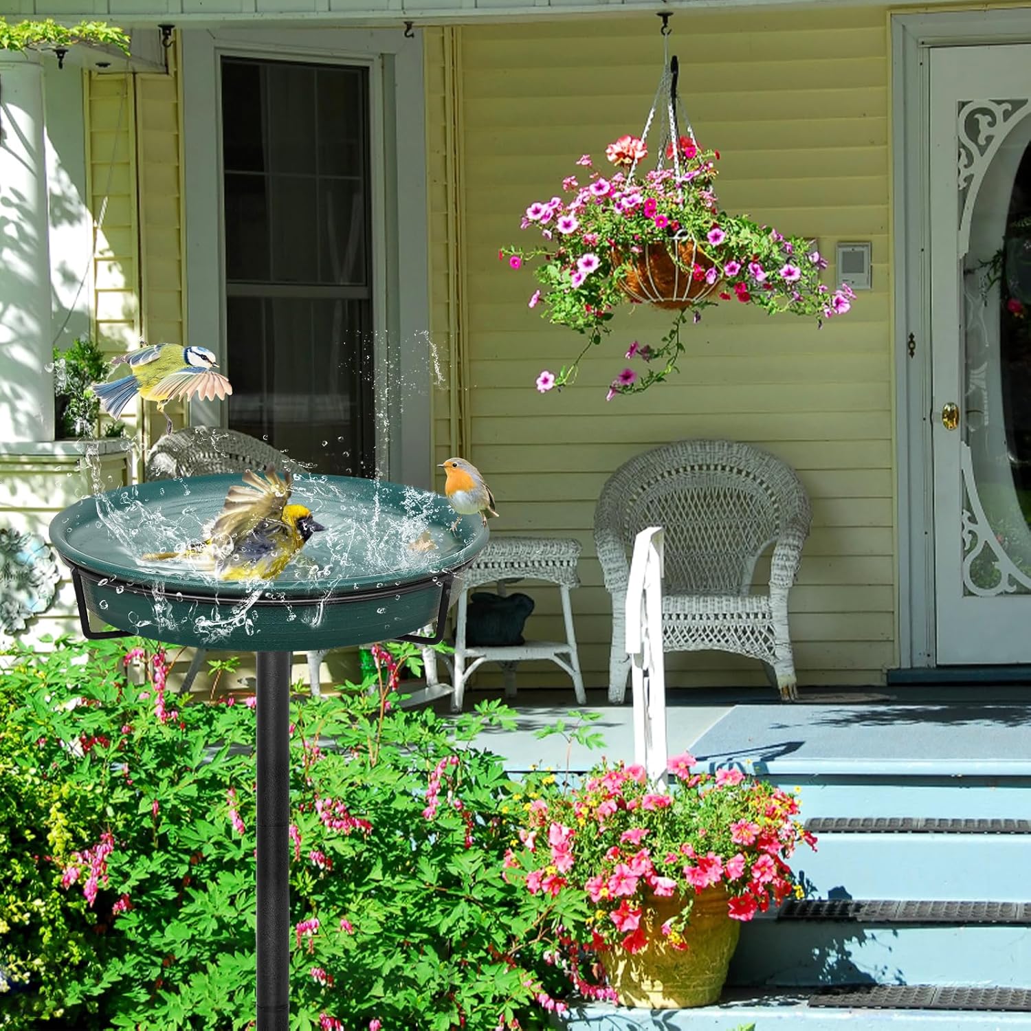Skiennix Freestanding Birdbath - Outdoor Garden Bird Feeder Bowl with Metal Stake & Detachable Spa Design - 35.5 In