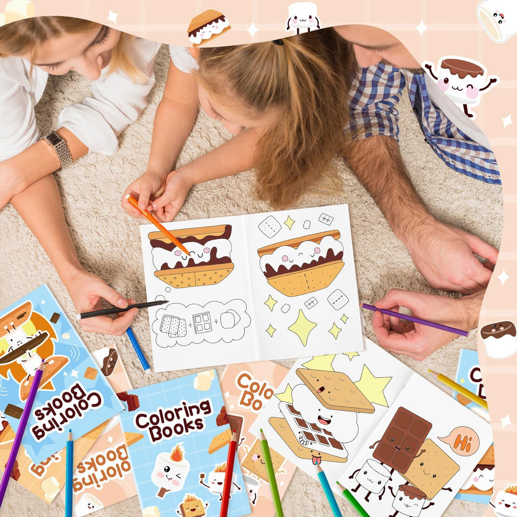 Marshmallow Mini Coloring Books - 24Pcs Campfire-Themed Art Set for Kids' Birthday Party Favors