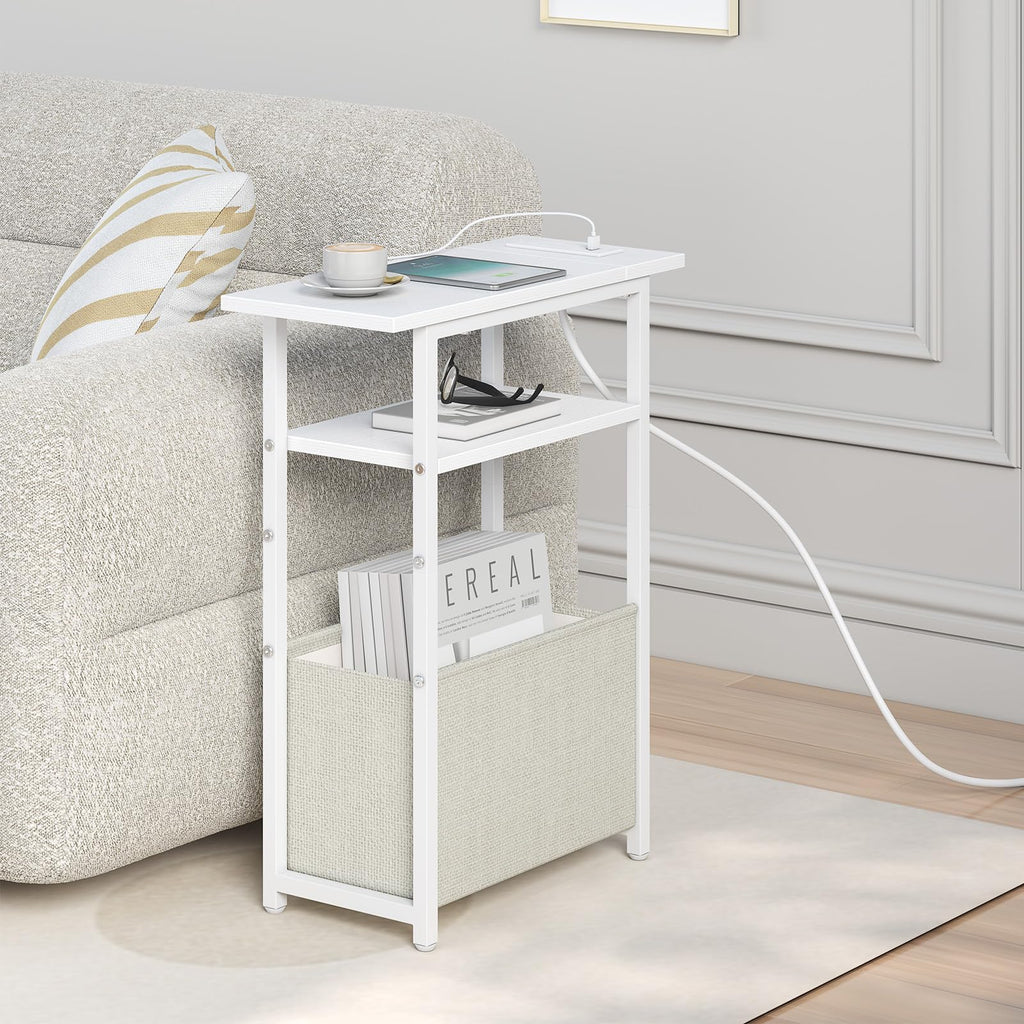 sthmec Narrow Side Table with Charging Station, Small End Table for Small Spaces, Skinny Nightstands with Storage Basket, 3 Tier Sofa Couch Bedside Tables for Living Room,Bedroom, White