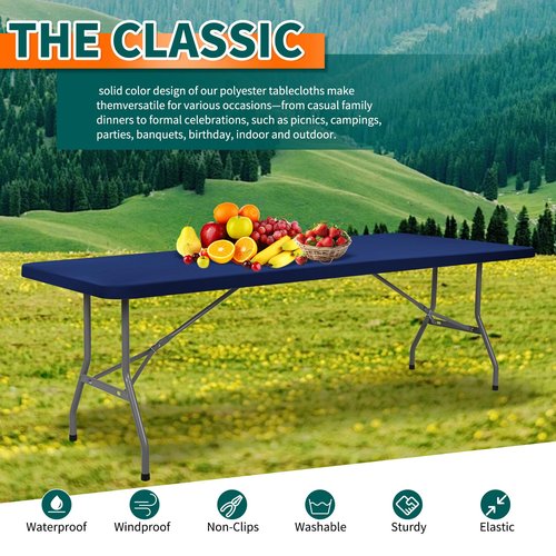 Showgeous 10-Pack Rectangle Picnic Table Cloth - Outdoor Elastic Tablecloth, Waterproof Spandex, Navy Blue, 30"x96"