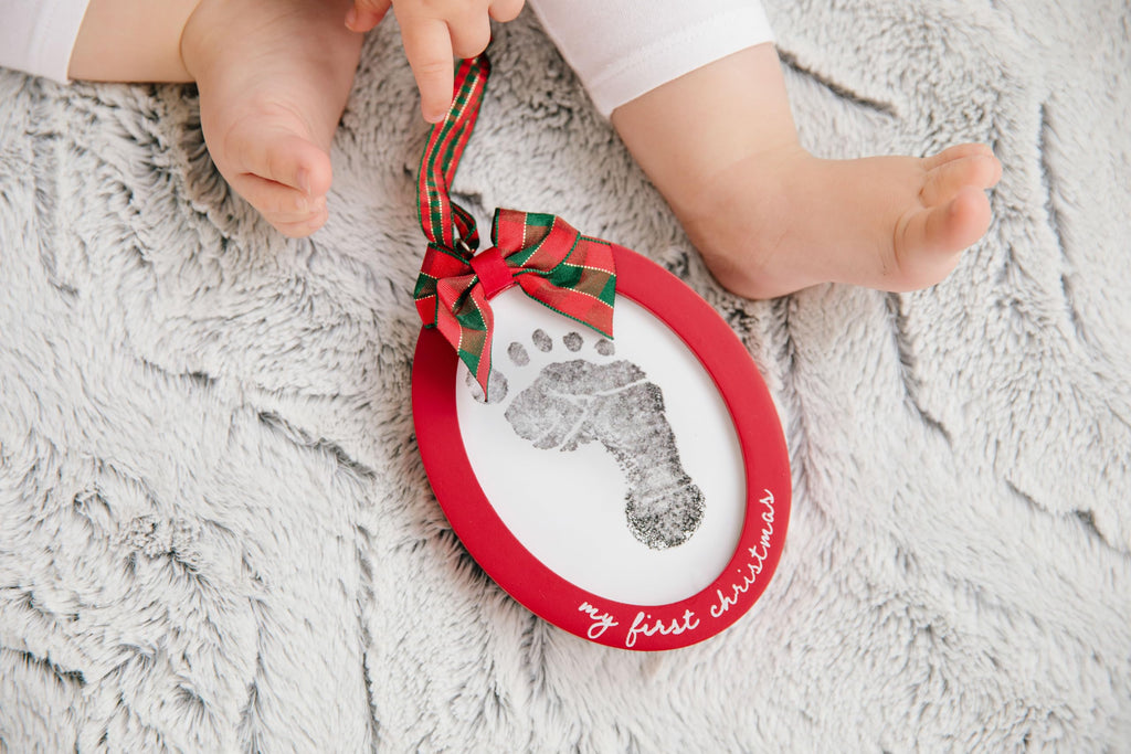 Pearhead Babyprints Double-Sided Christmas Ornament, First Holiday Keepsake Frame with Clean-Touch Ink Pad, Newborn Handprint Footprint Kit, Infant Photo Decoration, Red