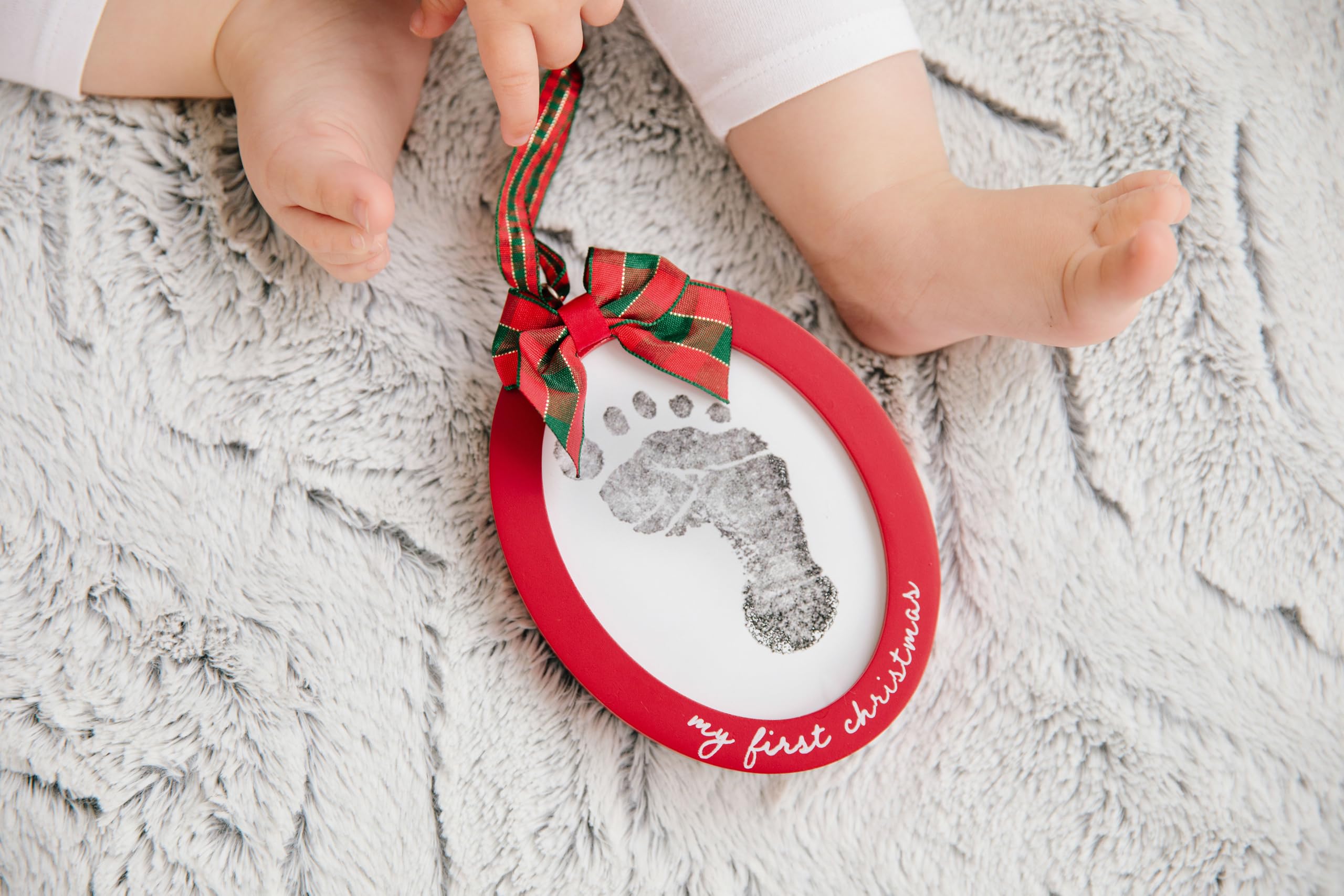 Pearhead Babyprints Double-Sided Christmas Ornament, First Holiday Keepsake Frame with Clean-Touch Ink Pad, Newborn Handprint Footprint Kit, Infant Photo Decoration, Red