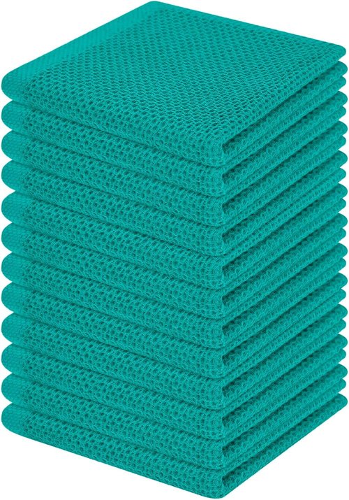 Homaxy Kitchen Dish Cloths - 100% Cotton Waffle Weave, Ultra Soft & Absorbent, 12-Pack, Teal, 12 x 12 Inches