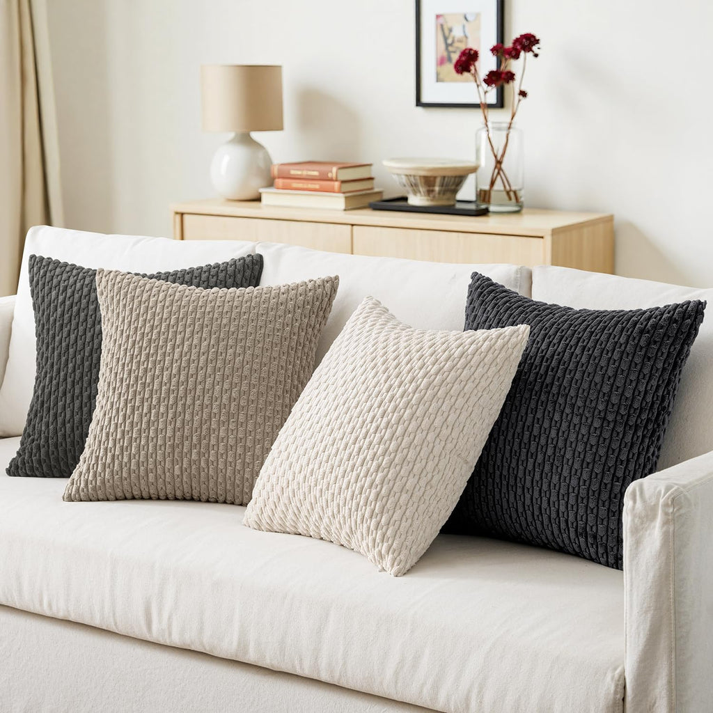 MIULEE Decorative Throw Pillow Covers - Neutral Grey Striped Design | Set of 4, 18x18 Inch Soft Corduroy for Modern Home Decor