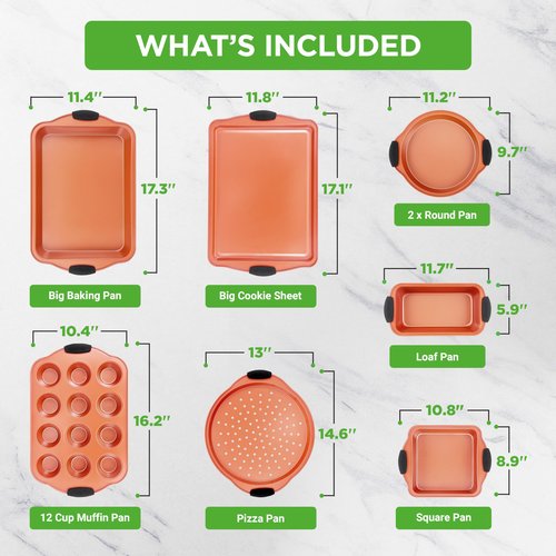 NutriChef 8 Piece Baking Pans Set - Nonstick Carbon Steel Bakeware Set w/ Silicone Heat-Safe Handles - Includes Loaf Pan, Muffin Pan, Cookie Sheets, Pizza Crisper, Roasting Pans - Rose Gold