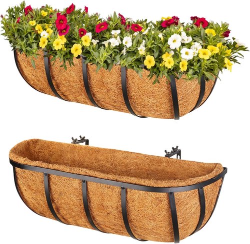 Legigo 16-Inch Window Box Planters - 2 Pack Metal Railing Planters with Coconut Liners for Outdoor Use