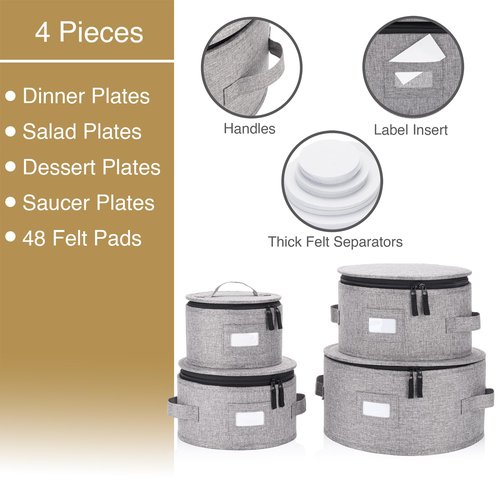 Set of 4 China Storage Cases for Dinnerware - Hard Shell and Stackable - Sizes: 12" - 10" - 8.5" and 7" W - 48 Plate Separators Included