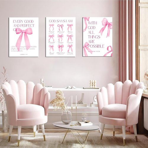 Coquette | Pink Bow Wall Art Decor - Inspirational Bible Verses Canvas Posters | 12x16 Inch Set of 3 for Teen Girls