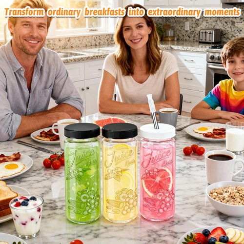 8 Pack 16oz Glass Juice Bottles with Lids - Juicing Bottles with Thickened Leakproof Caps & Custom Designs, High-Clarity Reusable Glass Bottles for Juicing, Smoothies, Kombucha and Iced Coffee